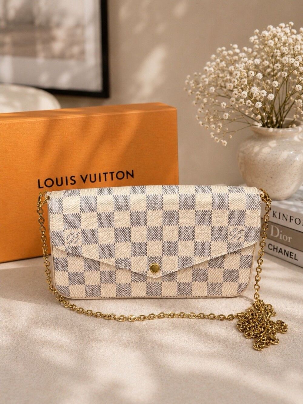 Authentic Louis Vuitton Damier Azur Pochette Felicie Bag With pink interior